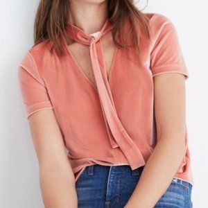 Madewell Velvet Tie-Neck Short Sleeve Coral Top EUC